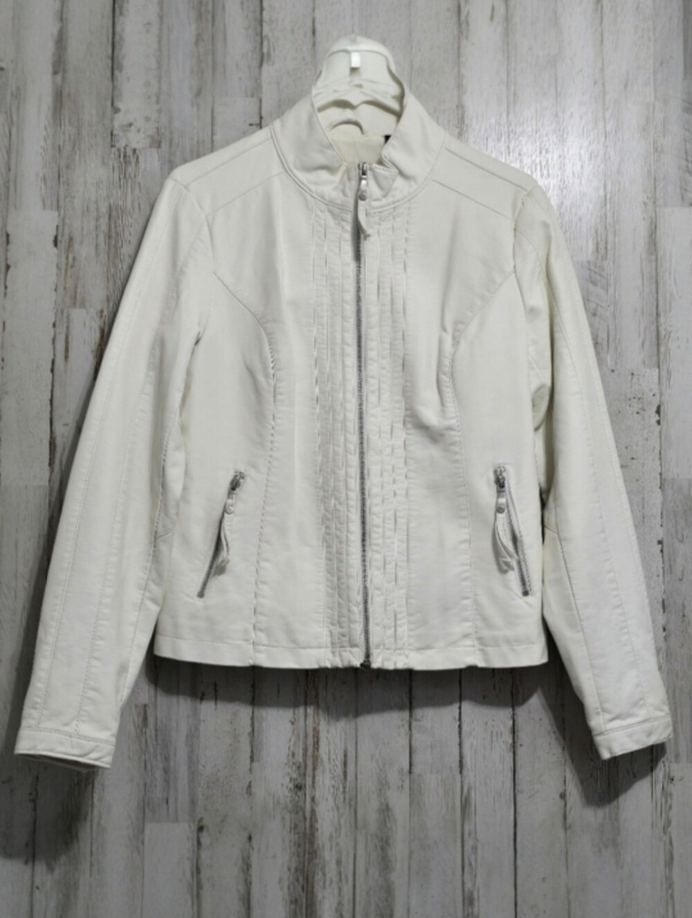 Big Chill Vintage Ivory Off White Zip Up Faux Leather Moto Jacket Size Medium